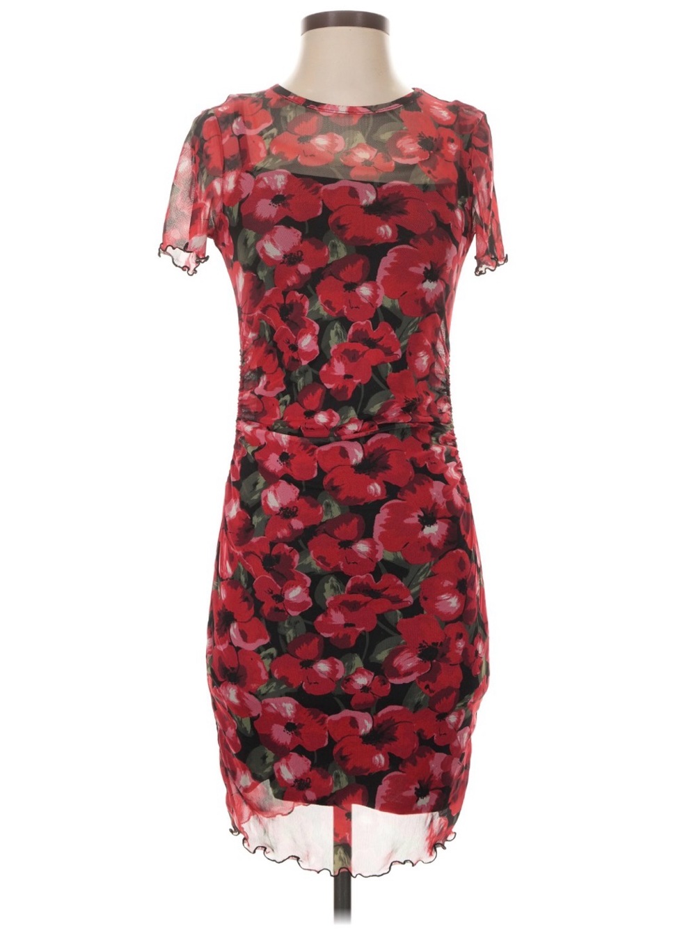 H&M Red Floral Mesh Lined Midi Dress